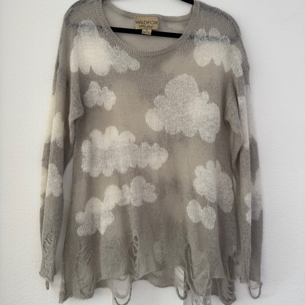 Wildfox White Label Cloud Print Distressed Sweater – XS, Slouchy Fit